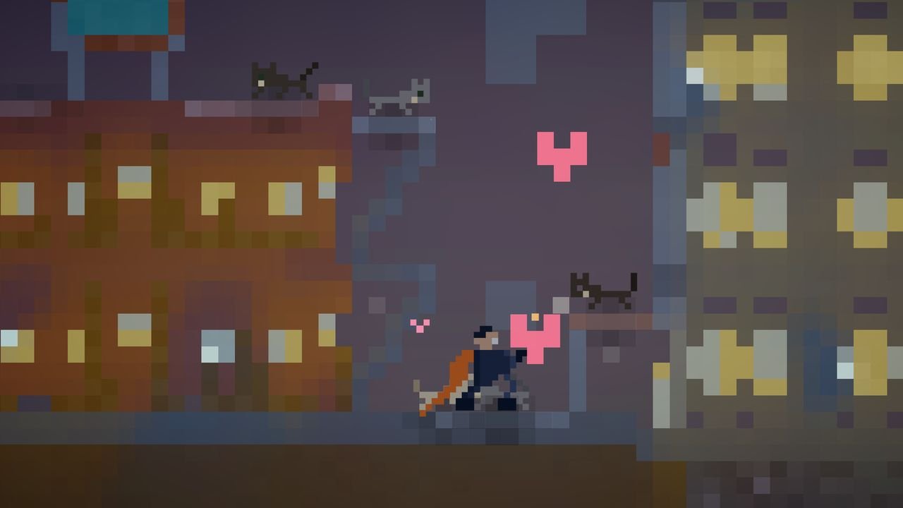 The hero surrounded by cats and hearts on a town street
