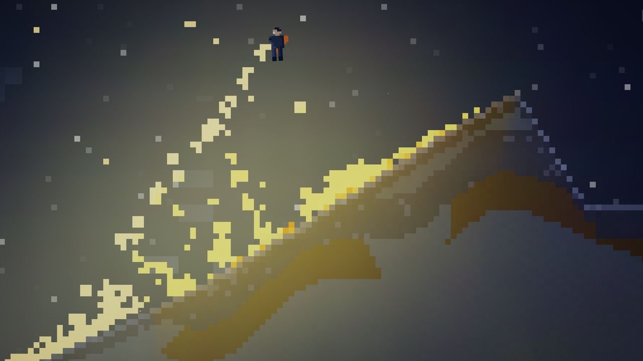 Lava pouring off a volcano into a pixel-art town at night